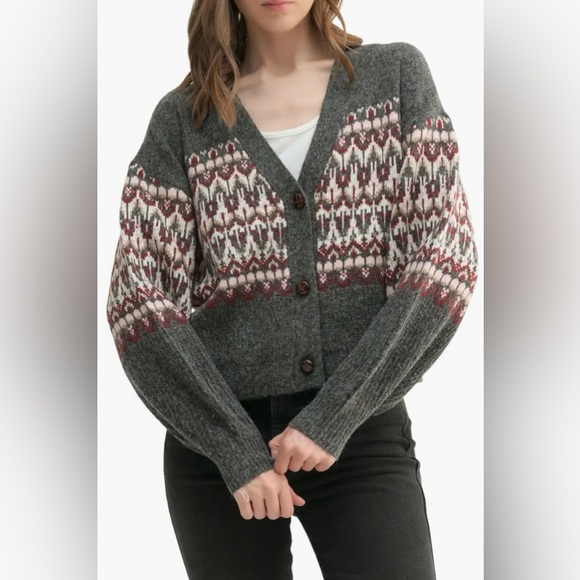 Lush Sweaters - Lush | Women’s grey/maroon/cream wool blend Fair Isle 3button cardigan sweater L